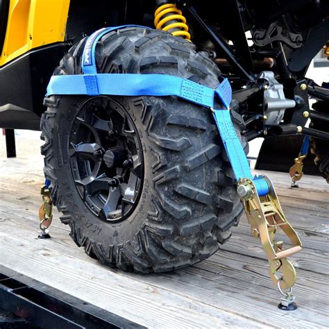 Cheaper than e track, positions your machine perfect every time, and super quick and easy to tie down. . Utv tire tie down straps